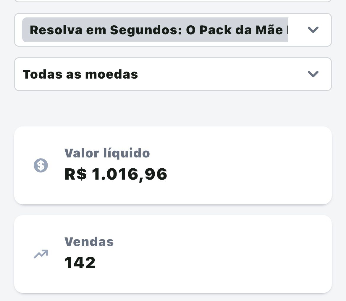 Resultado de vendas de um pack para mães